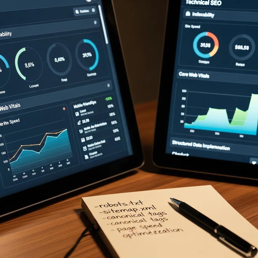 Computer screen showing technical SEO metrics and analytics in a professional workspace