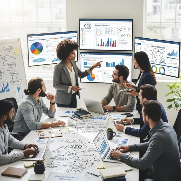 Diverse professionals collaborating on innovative SEO strategies in a modern office