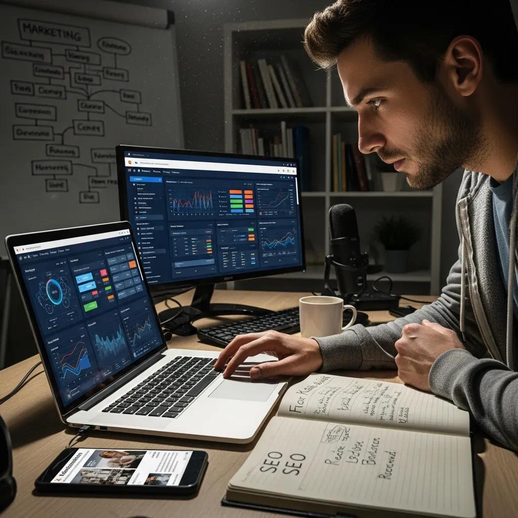 Person analyzing SEO data with digital marketing tools in a focused environment